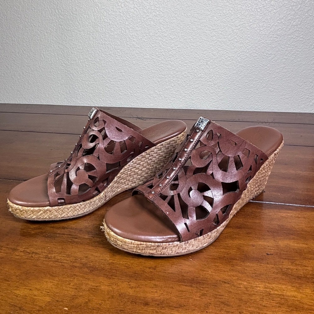 Brighton Daria Wedge Sandals Womens 7.5M Brown Leather Laser Cut Espadrille